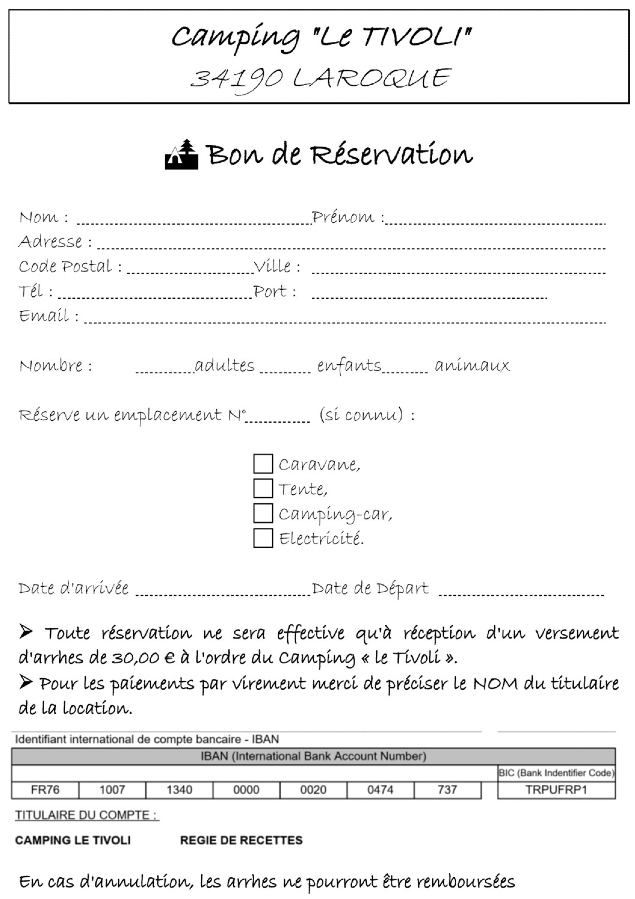 bon de reservation au camping municipal de Laroque - Le Tivoli